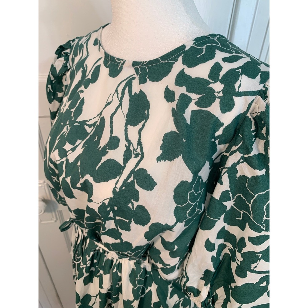 Green White Floral Garden Midi Wrap Dress Puff Sleeves Shea McGee Inspired SZ XL - Picture 8 of 16